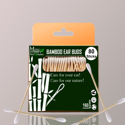 Mini Storify Truly Organic Bamboo Cotton ear buds |q tips Sticks |320 Stems/640 soft swabs , Eco Friendly, Best for adult & baby, Double tip cotton swabs & Bamboo wooden stick(80 sticks/box)(80 Units)