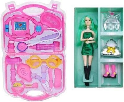 Kmc kidoz Combo Pack of 2 Movable Doll Fashion Doll Toys for Baby Kids Dolls House Movable Doll | Beautiful Doll Toy for Girls & Play Set with Foldable Suitcase, Doctor Set Toy Game Kit, Compact Medical Accessories Toy Set Pretend Play Sets,Docter Kit Toy for Kids, Boys, Girls, Childrens(Multicolor)