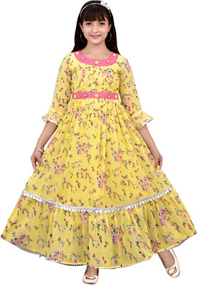 Ajiza Garments Girls Maxi/Full Length Casual Dress(Grey, 3/4 Sleeve)