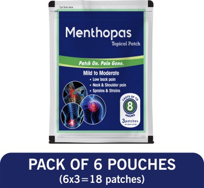 Menthopas Topical Pain Relief Patch For Muscle Joint Cramps |Knee Back Shoulder Elbow Heel Menstrual Periods - Pack of 6 Pouches (18 Patches) Plaster & Patch(6 x 3 Patches)