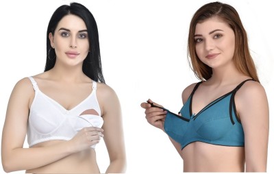 Desiprime B Cup Poly Cotton Feeding Bra Set of 2 Women Maternity/Nursing Non Padded Bra(White, Green)