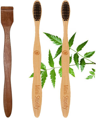 Mini Storify 2Adult bamboo tooth brush - Charcoal Soft Bristles, Natural| 1Pure Neem Wood Tongue Cleaner/Tongue Scraper For Adults And Kids(3 Items in the set)