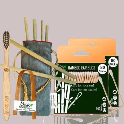 Mini Storify 2Bamboo Cotton ear buds/swabs|80 wood Stems / 160 Swabs|1 Kids bamboo tooth brush - Charcoal Soft Bristles, |1bamboo tongue cleaner|6 Bamboo Straw (8 inch)(10 Items in the set)