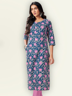 Jevi Prints Women Floral Print Straight Kurta(Blue)