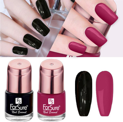 ForSure Glossy Finish Nail Polish With Quick Dry Formula Combo of 2 Hot Magenta , Bold Black(Pack of 2)