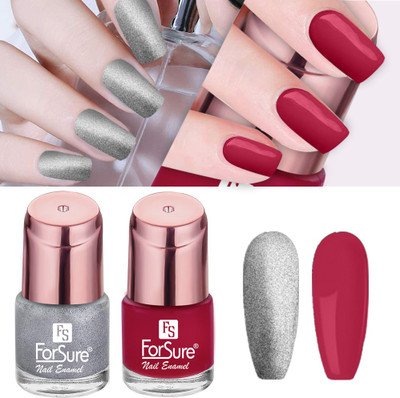 ForSure Glossy Finish Nail Polish With Quick Dry Formula Combo of 2 Perfection Red ,Silver Sparkle(Pack of 2)