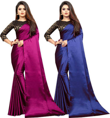 Aruna Sarees Solid/Plain Bollywood Satin Saree(Pack of 2, Purple, Dark Blue)