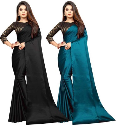 Aruna Sarees Solid/Plain Bollywood Satin Saree(Pack of 2, Blue, Black)