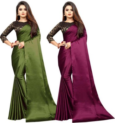 Aruna Sarees Solid/Plain Bollywood Satin Saree(Pack of 2, Purple, Dark Green)