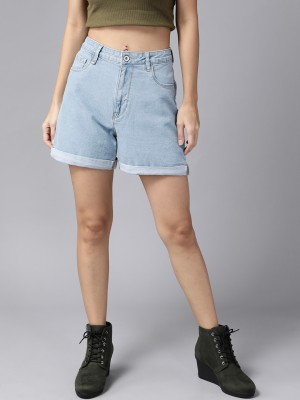 Roadster Solid Women Blue Denim Shorts