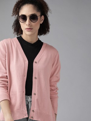 Roadster Solid V Neck Casual Women Pink Sweater