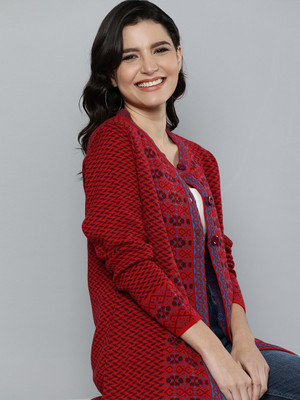 HERE&NOW Self Design, Checkered Round Neck Casual Women Maroon Sweater