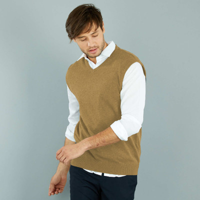 BASE 41 Solid V Neck Casual Men Beige Sweater