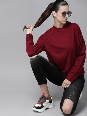 Roadster Solid Round Neck Casual Women Maroon Sweater