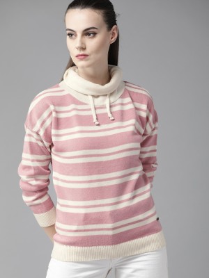 Roadster Woven Turtle Neck Casual Women Pink, White Sweater