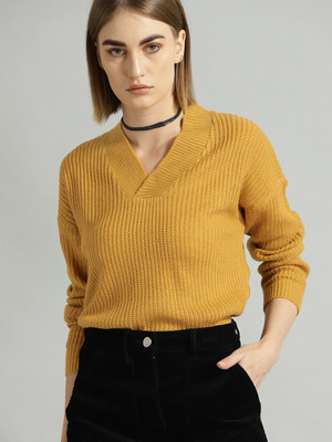 Roadster Woven V Neck Casual Women Yellow Sweater
