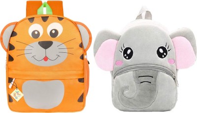 Frantic PU Orange Tiger & Grey Elephant_2020 Velvet Backpack Bags for 2 to 5 Years Kids for School/Nursery/Picnic/Carry/Travelling Bag (Pack of 2) School Bag(Multicolor, 10 L)