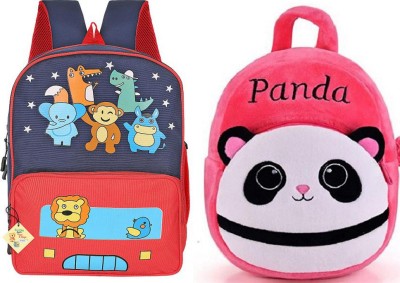 Frantic PU Red Zoo Bag & Best Pink Panda Velvet Backpack Bags for 2 to 5 Years Kids for School/Nursery/Picnic/Carry/Travelling Bag (Pack of 2) School Bag(Multicolor, 10 L)