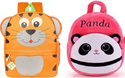 Frantic PU Orange Tiger & Best Pink Panda Velvet Backpack Bags for 2 to 5 Years Kids for School/Nursery/Picnic/Carry/Travelling Bag (Pack of 2) School Bag(Multicolor, 10 L)