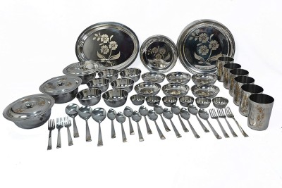 Sager Pack of 61 Stainless Steel Platinum Collection - Heavy Gauge, Laser Finish Dinner Set(Silver)