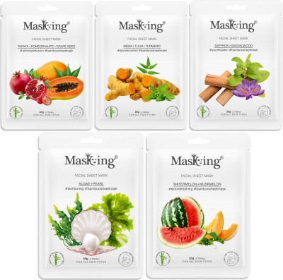 MasKing Bamboo Facial Sheet Mask of Papaya, Neem, Saffron, Algae & Watermelon Ideal for Women & Men (Combo Pack of 5)(100 ml)