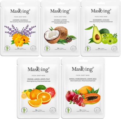 MasKing Bamboo Facial Sheet Mask of Lavender, Coffee, Gooseberry, Orange & Papaya Ideal for Women & Men (Combo Pack of 5)(100 ml)