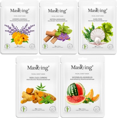 MasKing Bamboo Facial Sheet Mask of Lavender, Neem, Saffron, Algae & Watermelon Ideal for Women & Men (Combo Pack of 5)(100 ml)