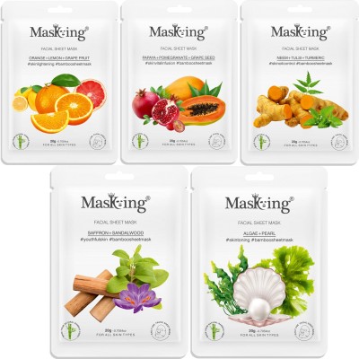 MasKing Bamboo Face Sheet Mask of Orange, Papaya, Neem, Saffron & Algae Ideal for Women & Men (Combo Pack of 5)(100 g)