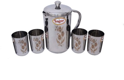 Sager Platinum Collection Stainless Steel drinkware Set Combo of 1 Jug / Pitcher for Water Storage (2 LTR.) and 4 Pc. Glass , Mirror Finish with Permanent Beautiful Laser Design Jug Glass Set(Stainless Steel)