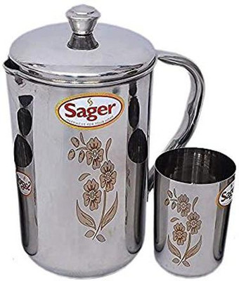 Sager Platinum Collection Stainless Steel drinkware Set Combo of 1 Jug / Pitcher for Water Storage (2 LTR.) and 1 Pc. Glass , Mirror Finish with Permanent Beautiful Laser Design Jug Glass Set(Stainless Steel)