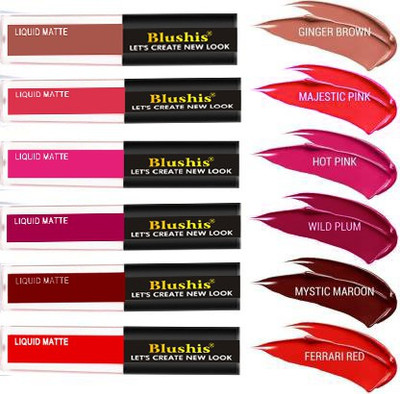 BLUSHIS Hyperstay Liquid Matte Mini Lip colour combo Pack of 6 Red pink Maroon many more lipstick set(Multicolour, 24 ml)