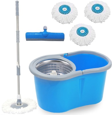 V-MOP Premium Blue Classic Magic Dry Bucket Mop - 360 Degree Self Spin Wringing with 3 Refills + Free 1 Floor Wiper (( 6 Months Warranty on Rod Set )) Mop Set, Mop, Cleaning-552 Mop Set(Multicolor)