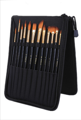 Asha Craft 12 Pcs Wooden Handle Nylon Hair Oil Watercolor Paint Brushes Artist Paint Brush Set with Carry Beg (Color_Black & Gold)(Black, Golden)