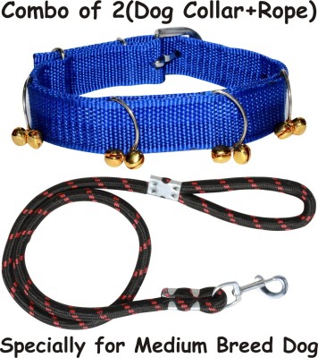 PEDIGONE Dog Belt (Combo of 2) Blue Ghungroo Dog Collar + Black Lead Specially for Medium Breeds Dog Collar & Leash(Medium, BKM)