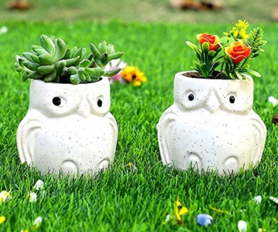 Jimkia Ceramic Planter Pot (Small 2 Owl Pot) Succulent Plant Container, Decorative Flower Pot, Handmade Small Planter For Home/Gardening Decor & Front Desk Decor (Plant Not Included) Plant Container Set(Pack of 2, Ceramic)