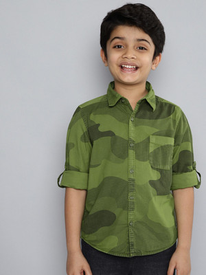 HERE&NOW Boys Printed Casual Dark Green Shirt