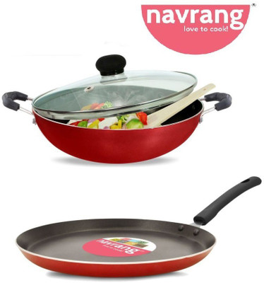 NAVRANG NONSTICK 3 PCS COMBO SET TAWA 26CM, KADAI 22 CM WITH GLASS LID , NON IB, RED Non-Stick Coated Cookware Set(Aluminium, 3 - Piece)