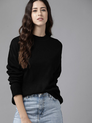 Roadster Solid Round Neck Casual Women Black Sweater