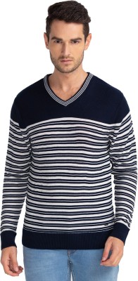 PARX Striped V Neck Casual Men Blue Sweater