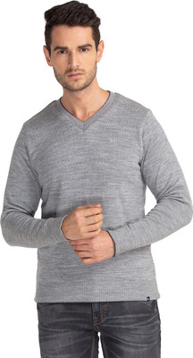 PARX Solid V Neck Casual Men Grey Sweater