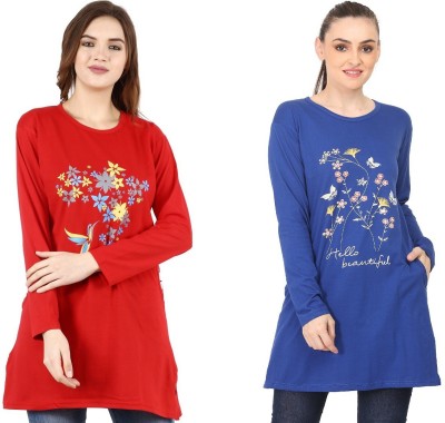 CRAFTLY Self Design, Printed Women Polo Neck Light Blue, Red T-Shirt