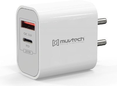 MuvTech 20 W PD 1.6 A Multi-pin Wall Charger for Mobile with Detachable Cable(White, Cable Included)