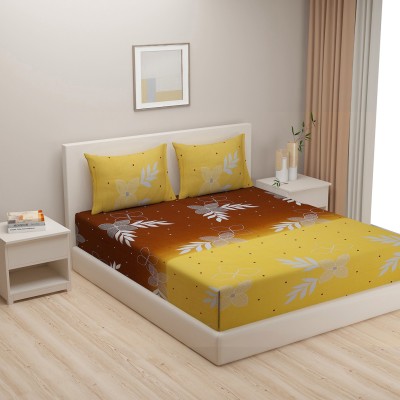 SWAYAM 240 TC Cotton Double Floral Fitted (Elastic) Bedsheet(Pack of 1, Yellow & Brown)