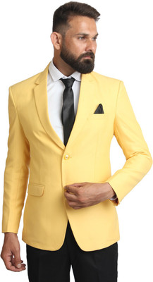ATWOF Solid Single Breasted Casual Men Blazer(Yellow)