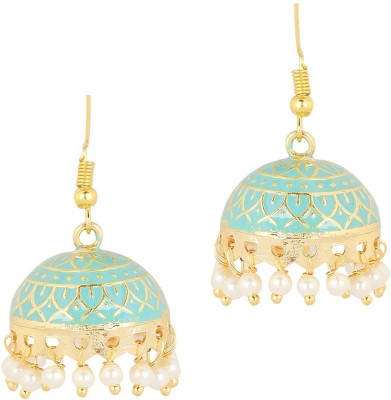 fabula Mint Green Meenakari Enamel Floral Delicate Beads, Crystal Metal Jhumki Earring