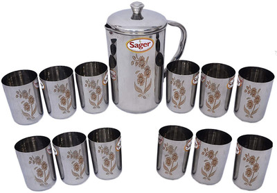 Sager Platinum Collection Stainless Steel drinkware Set Combo of 1 Jug / Pitcher for Water Storage (2 LTR.) and 12 Pc. Glass , Mirror Finish with Permanent Beautiful Laser Design Jug Glass Set(Stainless Steel)