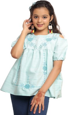 Ishin Girls Casual Polycotton Fashion Sleeve Top(Blue, Pack of 1)