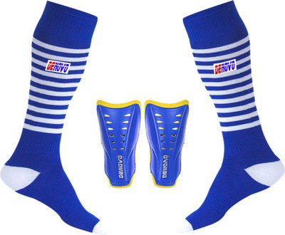 DENOVO Justry Football Kit (One Pair Lycra Striped Knee Length Football Socks + One Pair Shin Guard) Football Kit