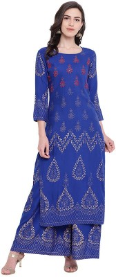 Neqa Women Embroidered Straight Kurta(Blue)