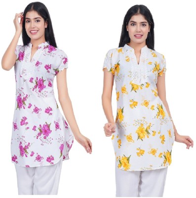 MyTrendzs Women Floral Print Straight Kurta(White)